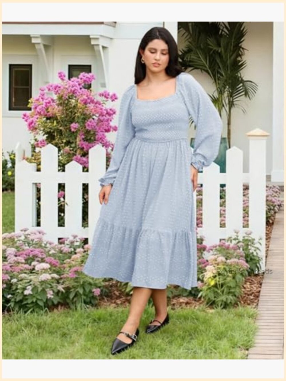 Plus Size Maxi Dress with Pockets Long Sleeve Smocked Swiss Dot A-Line Maternity - Picture 2 of 6